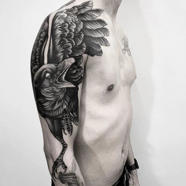 Blackwork Bird, Wings tattoo on Full Sleeve