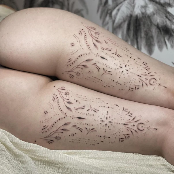 Fineline Floral, Geometric tattoo on Thigh