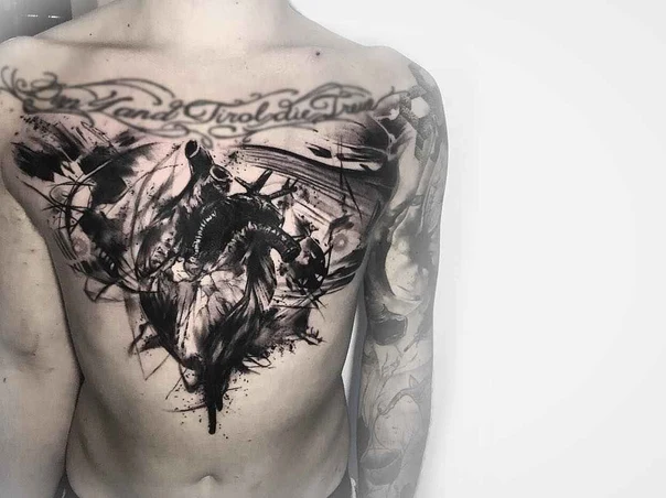 Abstract Heart, Lettering tattoo on Chest