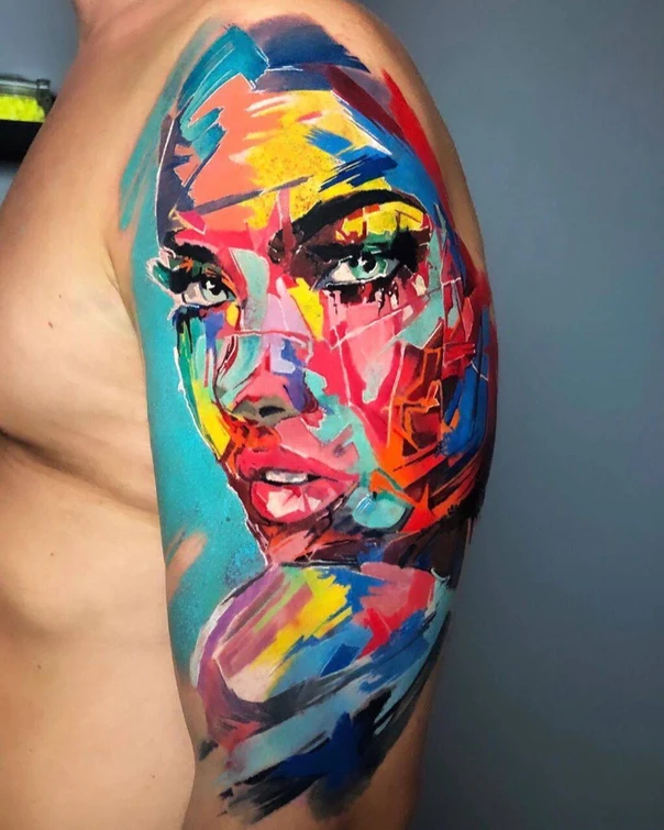 Abstract Face, Portrait tattoo on Upper Arm
