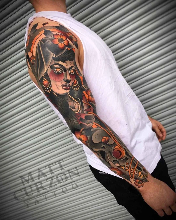 Neo Traditional Woman, Flowers tattoo on Full Sleeve