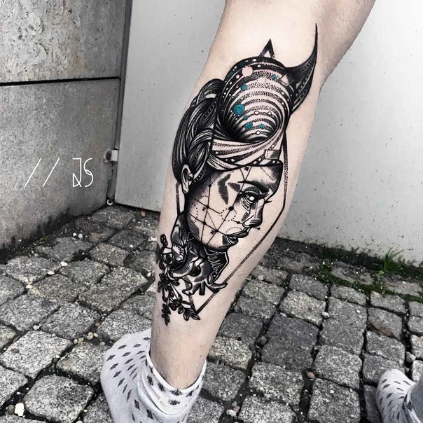 Blackwork Portrait, Geometric tattoo on Calf