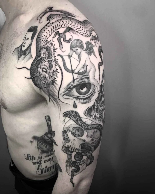 Black & Grey Dragon, Skull tattoo on Full Sleeve