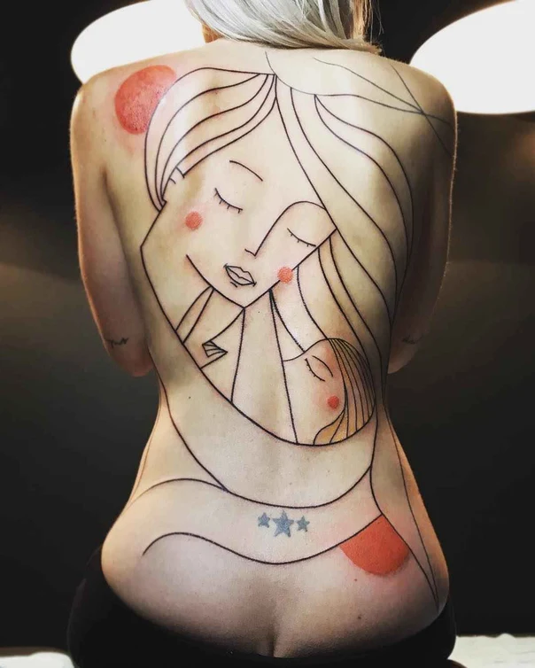 Linework Mother and child, Geometric tattoo on Full Back
