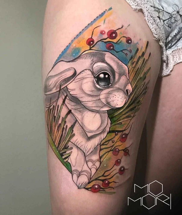 Illustrative Rabbit, Berries tattoo on Thigh