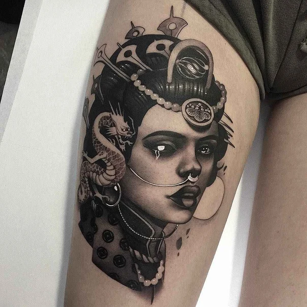 Black & Grey Woman, Dragon tattoo on Thigh