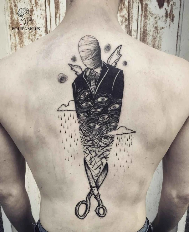 Blackwork Eyes, Wings tattoo on Full Back