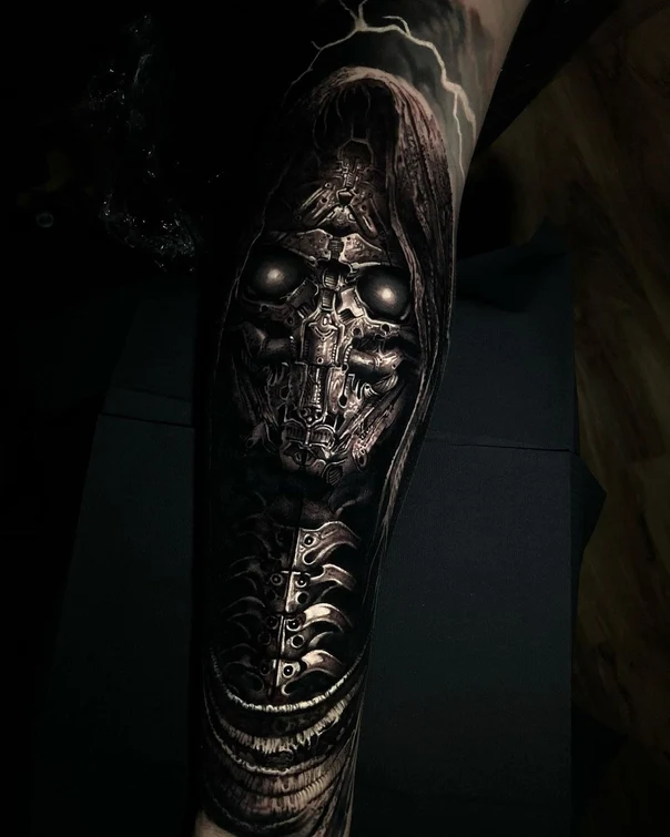 Biomechanical Biomechanical, Skull tattoo on Forearm