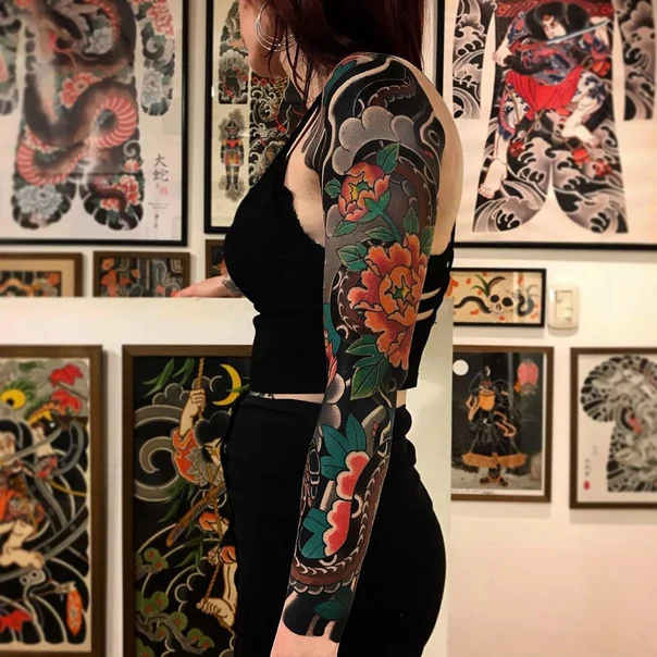 Japanese Flowers, Snake tattoo on Full Sleeve