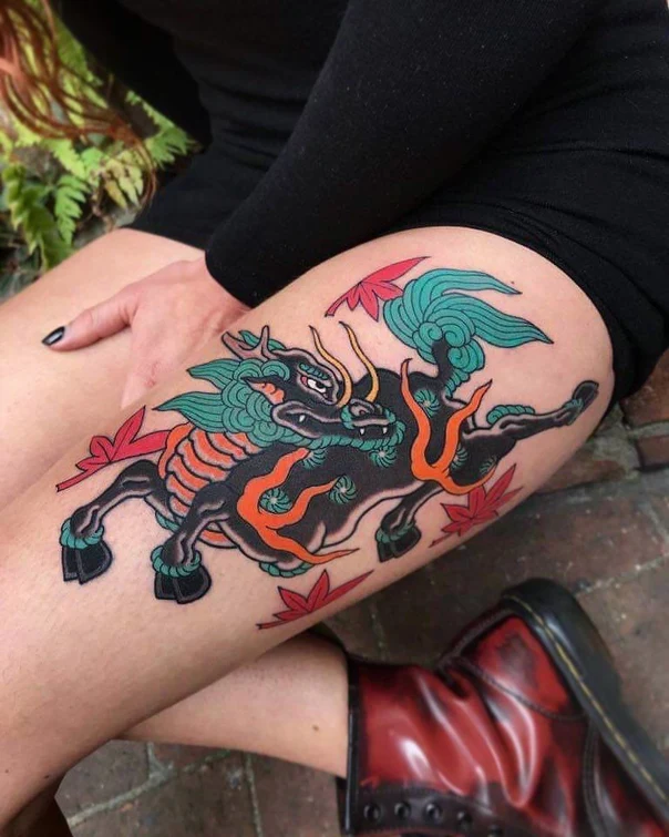 Japanese Dragon, Leaves tattoo on Thigh