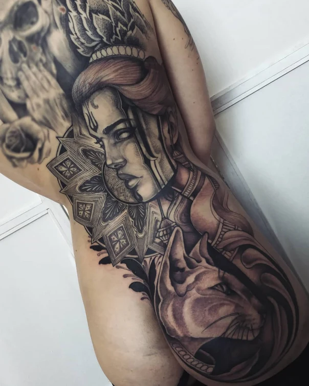 Black & Grey Mandala, Portrait tattoo on Side