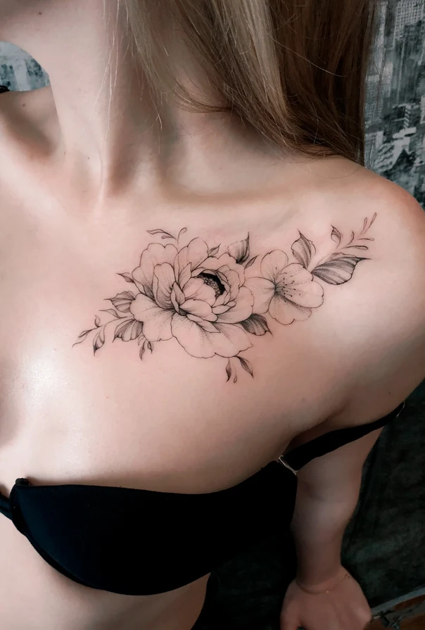 Fineline Flower, Leaves tattoo on Collarbone