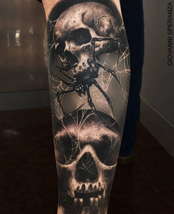 Black & Grey Skull, Spider tattoo on Calf