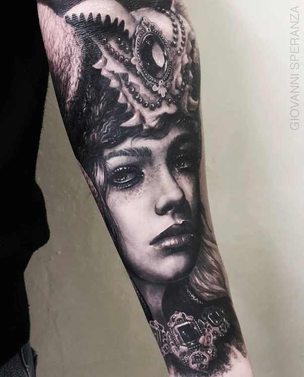 Realism Portrait, Jewelry tattoo on Forearm