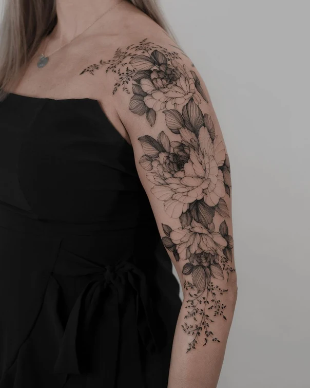 Fineline Flowers, Leaves tattoo on Full Sleeve