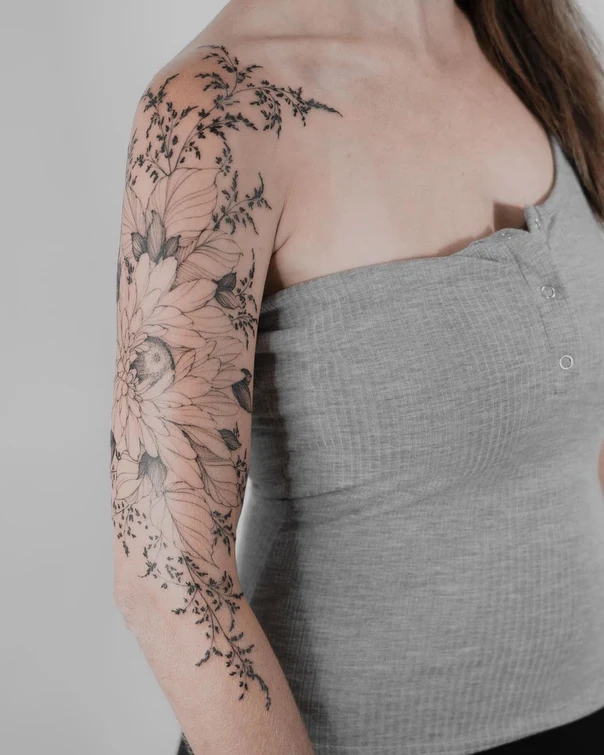 Botanic Flower, Leaves tattoo on Full Sleeve
