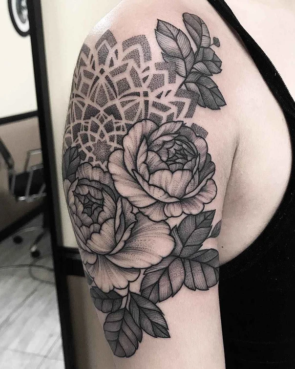 Black & Grey Flowers, Mandala tattoo on Shoulder
