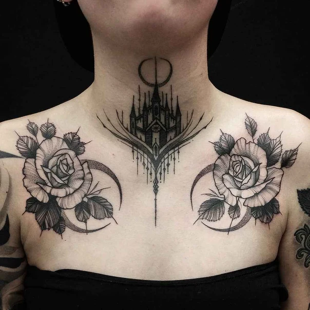 Blackwork Rose, Castle tattoo on Chest