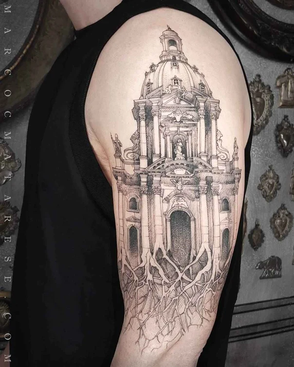 Blackwork Architecture, Roots tattoo on Upper Arm