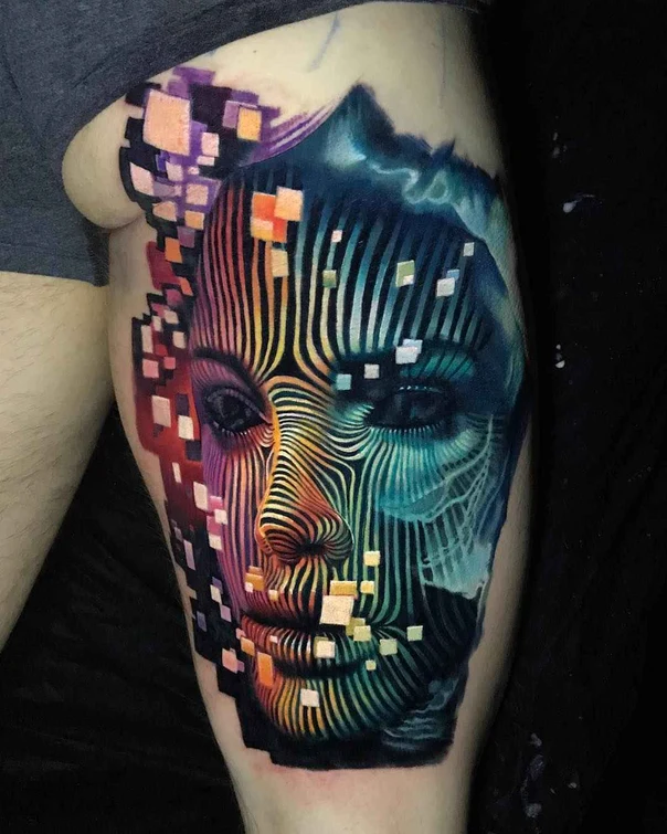 Abstract Face, Lines tattoo on Thigh