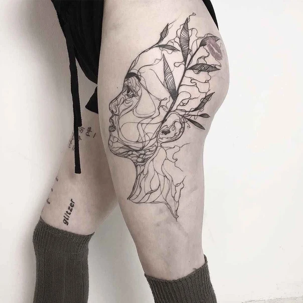 Linework Face, Botanic tattoo on Thigh