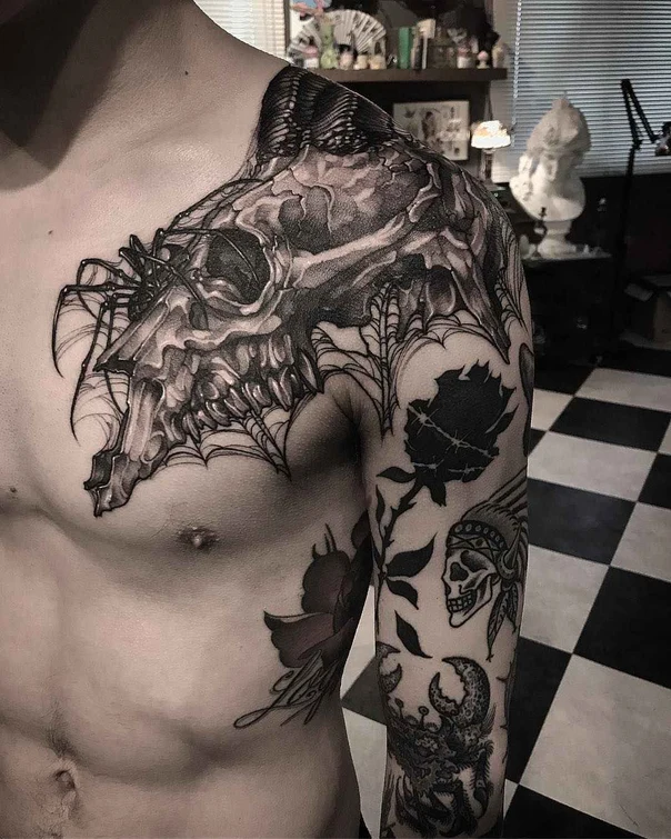 Black & Grey Skull, Spiderweb tattoo on Full Sleeve