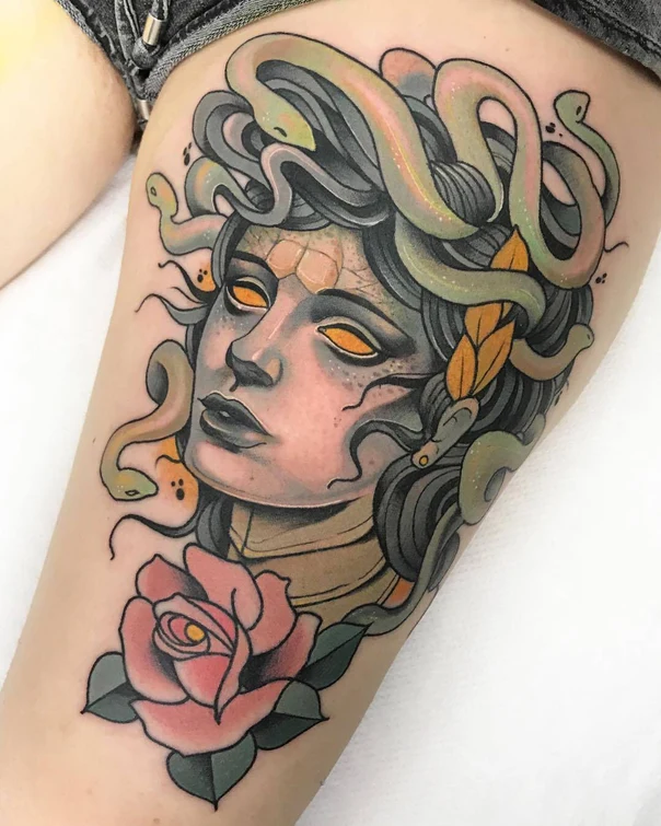 Neo Traditional Medusa, Rose tattoo on Thigh