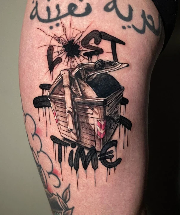 Trash Polka Trash can, Broken glass tattoo on Thigh