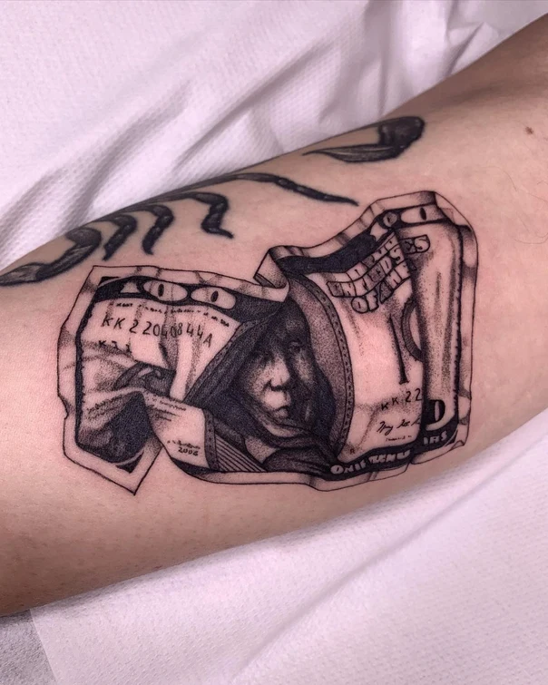 Black & Grey Money, Portrait tattoo on Forearm