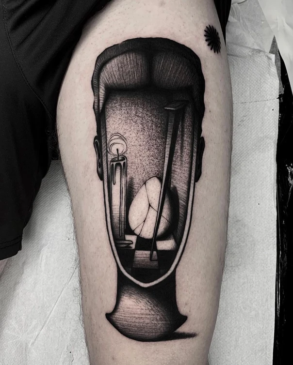 Blackwork Face, Candle tattoo on Thigh