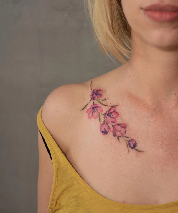 Botanic Flowers, Branches tattoo on Collarbone
