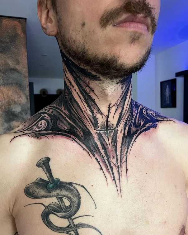 Biomechanical Abstract, Geometric tattoo on Neck