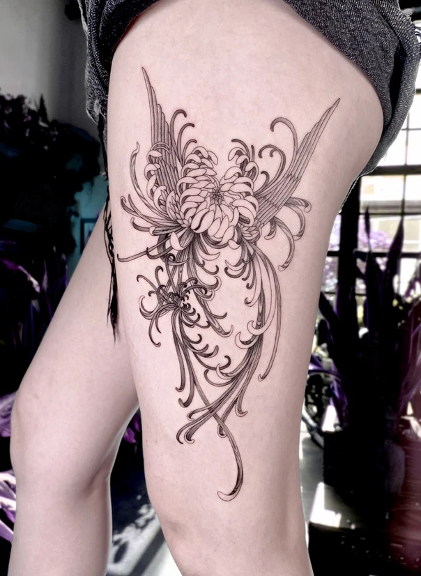 Linework Flower tattoo on Thigh