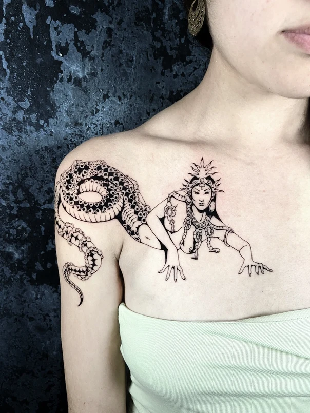 Linework Snake, Woman tattoo on Chest
