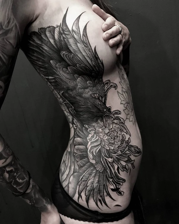 Blackwork Raven, Flower tattoo on Side