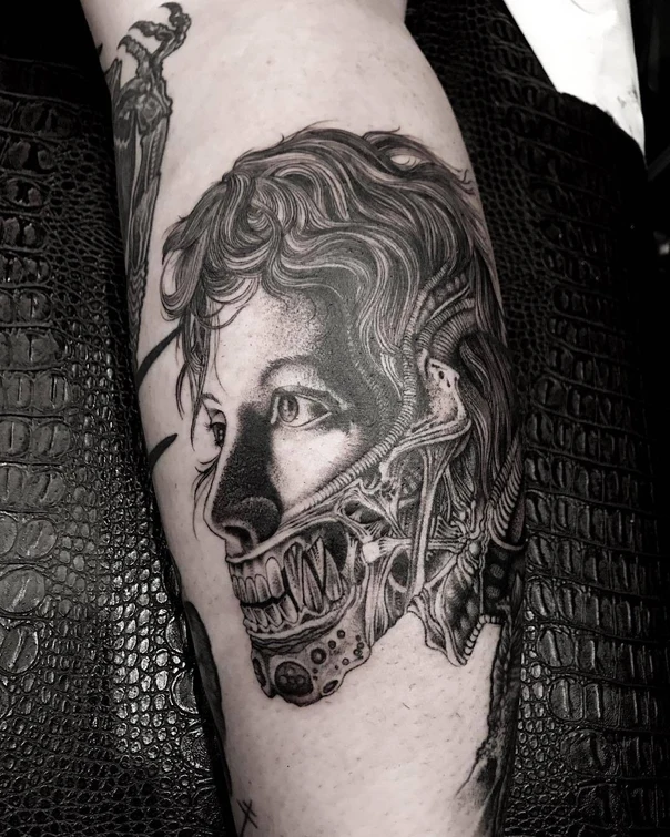 Biomechanical Face, Biomechanical tattoo on Calf