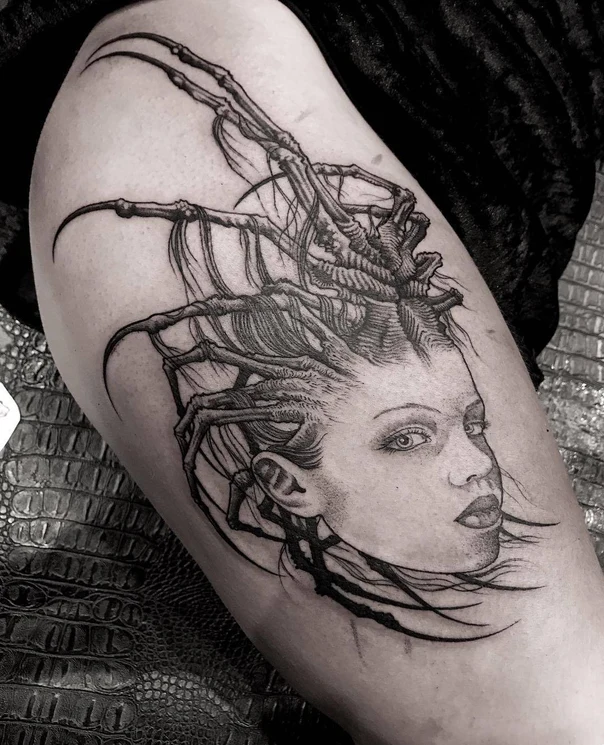 Black & Grey Portrait, Surreal tattoo on Thigh
