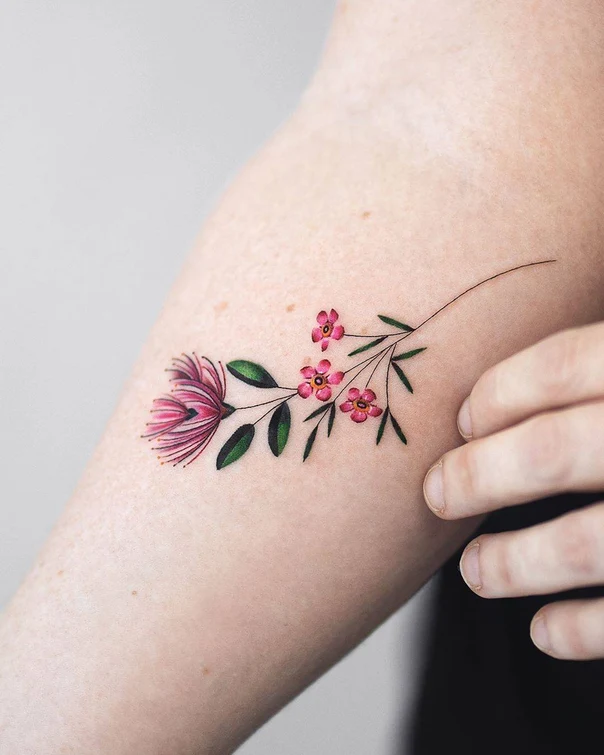 Botanic Flower, Leaves tattoo on Forearm