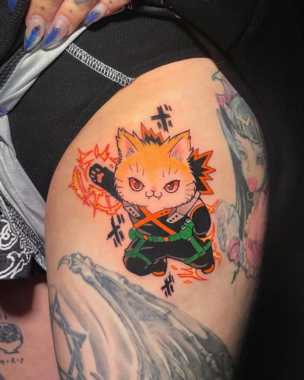 Anime Cat, Anime tattoo on Thigh
