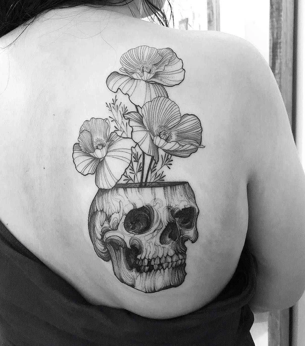 Blackwork Skull, Flowers tattoo on Shoulder Blade