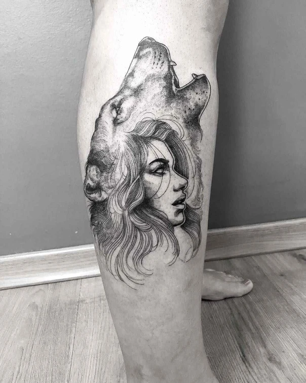 Black & Grey Wolf, Portrait tattoo on Calf