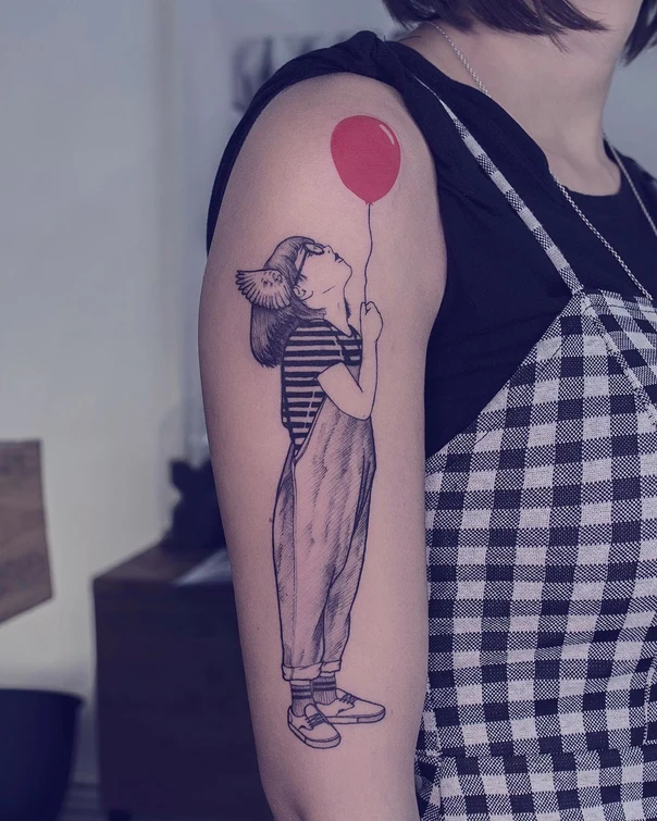 Illustrative Girl, Balloon tattoo on Upper Arm