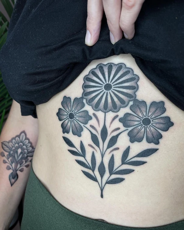 Blackwork Flowers, Leaves tattoo on Stomach