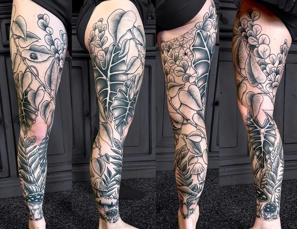 Botanic Leaves, Mushrooms tattoo on Full leg