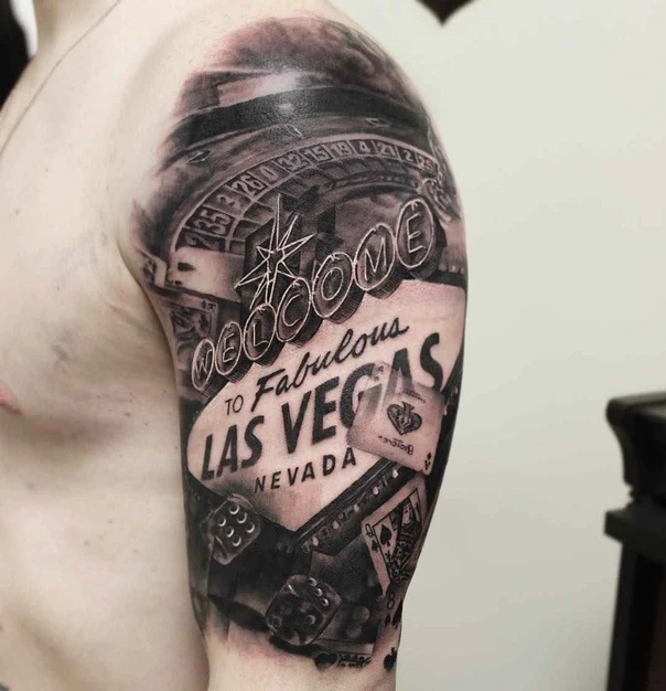 Black & Grey Casino, Welcome sign tattoo on Full Sleeve