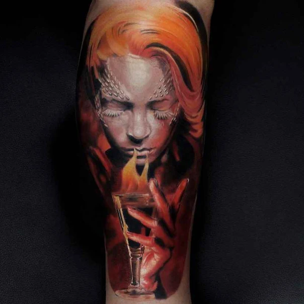 Realism Portrait, Fire tattoo on Forearm