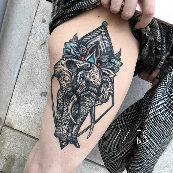 Blackwork Elephant, Mandala tattoo on Thigh