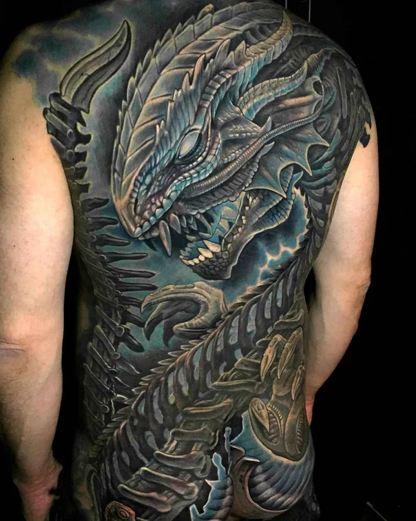 Biomechanical Dragon tattoo on Full Back