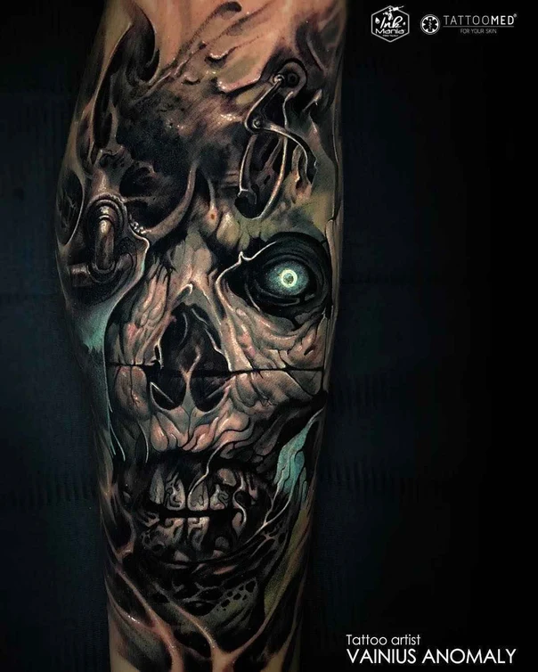 Biomechanical Skull tattoo on Forearm