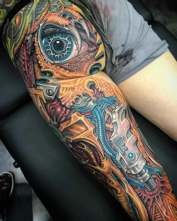 Biomechanical Eye, Mechanical tattoo on Thigh